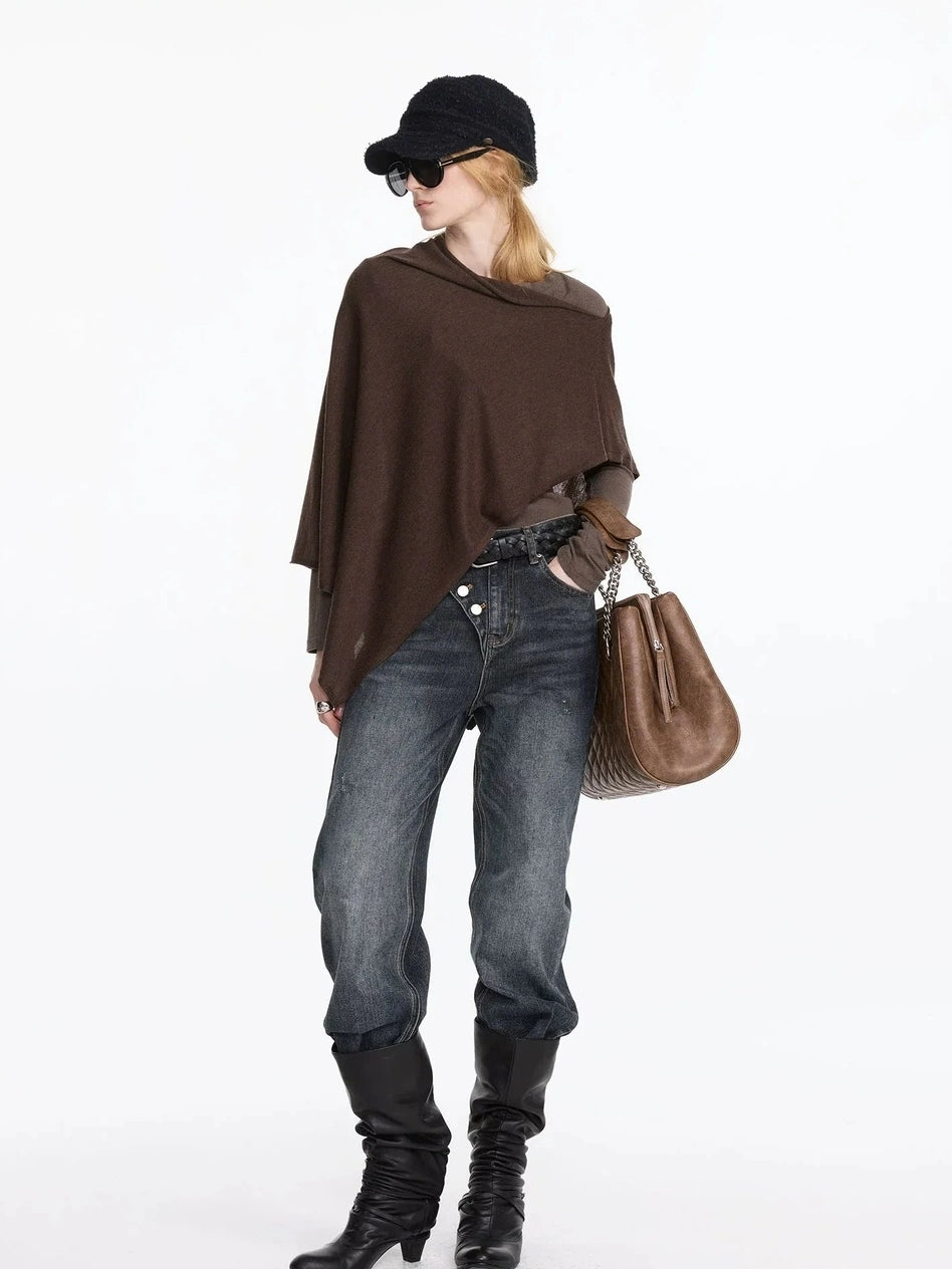 LYUOCHENG Asymmetrical Wool Blend Draped Cape Top