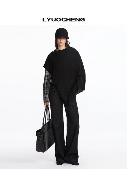 LYUOCHENG Asymmetrical Wool Blend Draped Cape Top