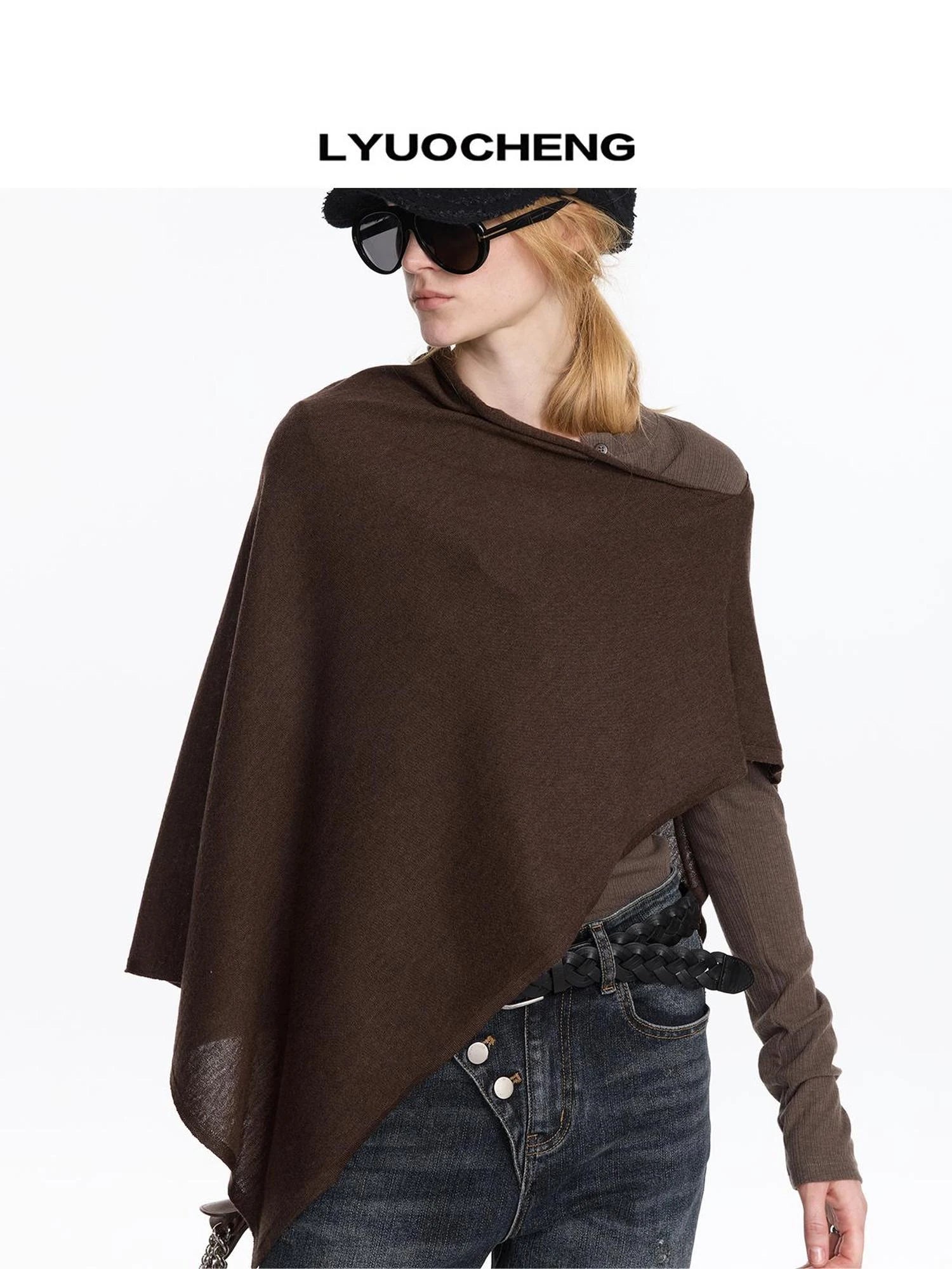 LYUOCHENG Asymmetrical Wool Blend Draped Cape Top