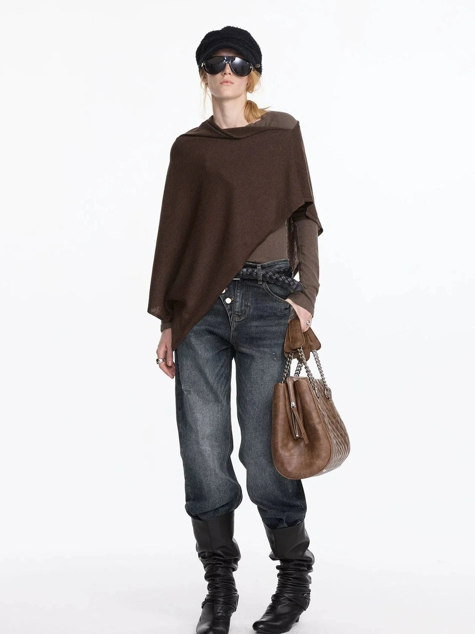 LYUOCHENG Asymmetrical Wool Blend Draped Cape Top