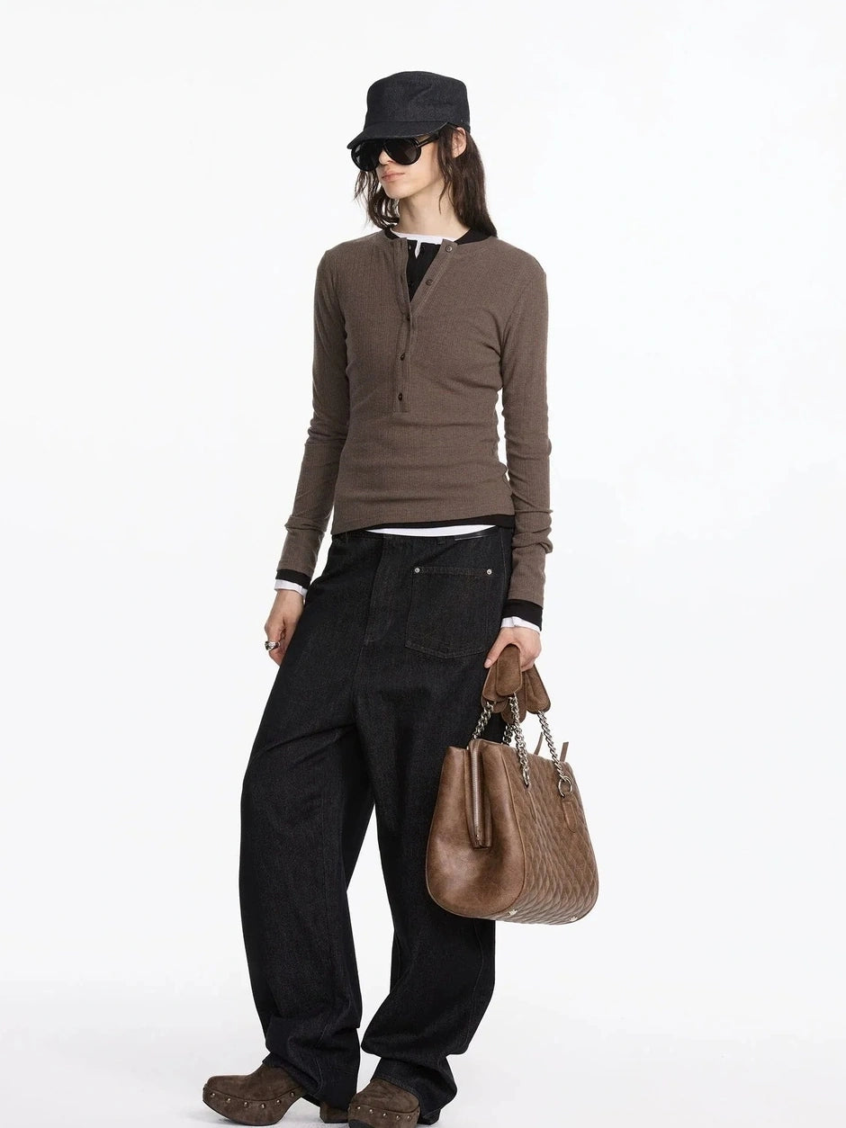 LYUOCHENG Autumn Acetate Henley Long Sleeve Top