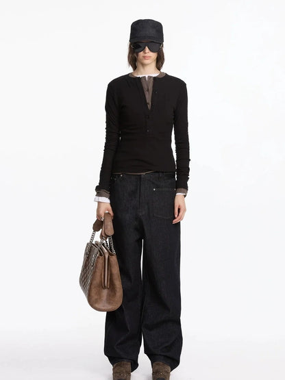 LYUOCHENG Autumn Acetate Henley Long Sleeve Top