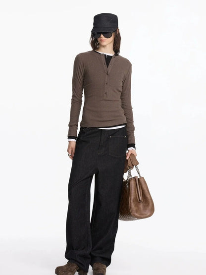 LYUOCHENG Autumn Acetate Henley Long Sleeve Top