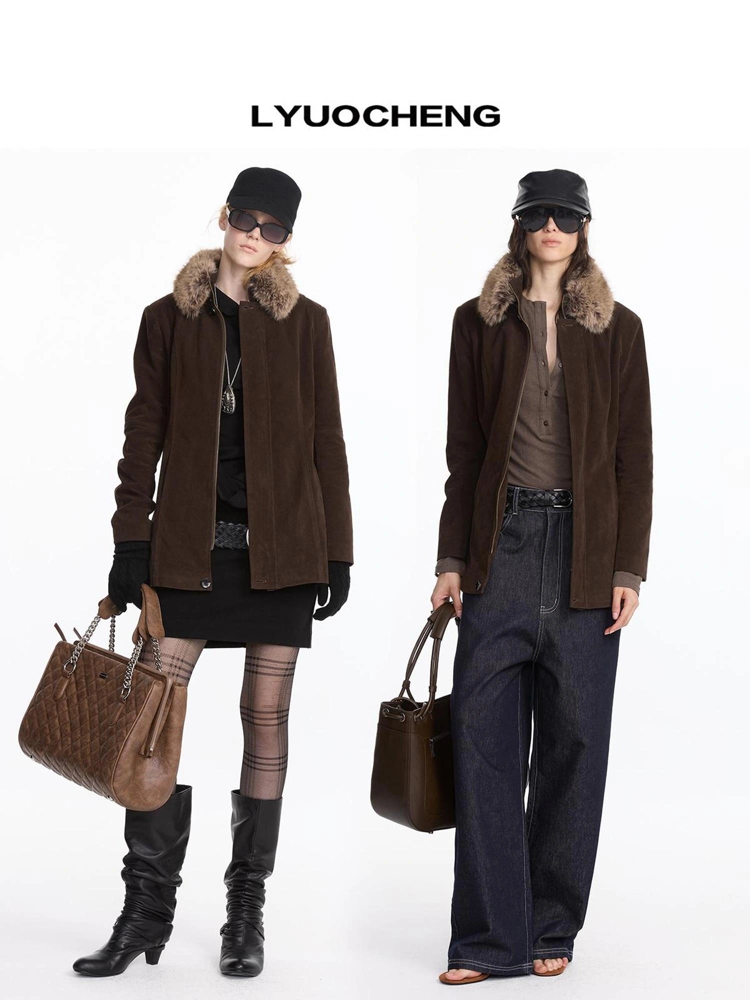 LYUOCHENG Autumn Suede Collar Slim Long Coat