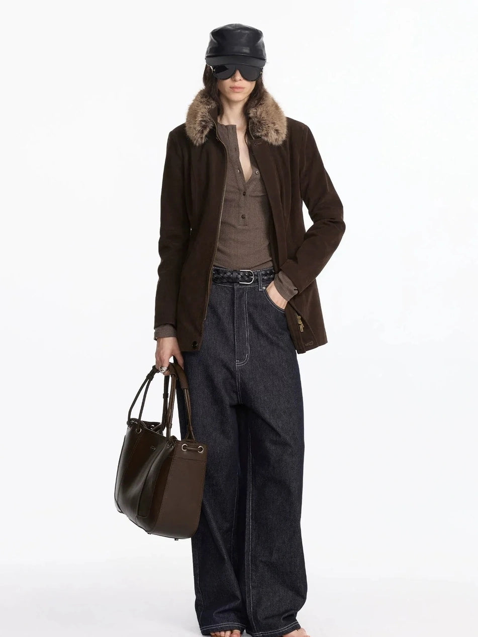 LYUOCHENG Autumn Suede Collar Slim Long Coat