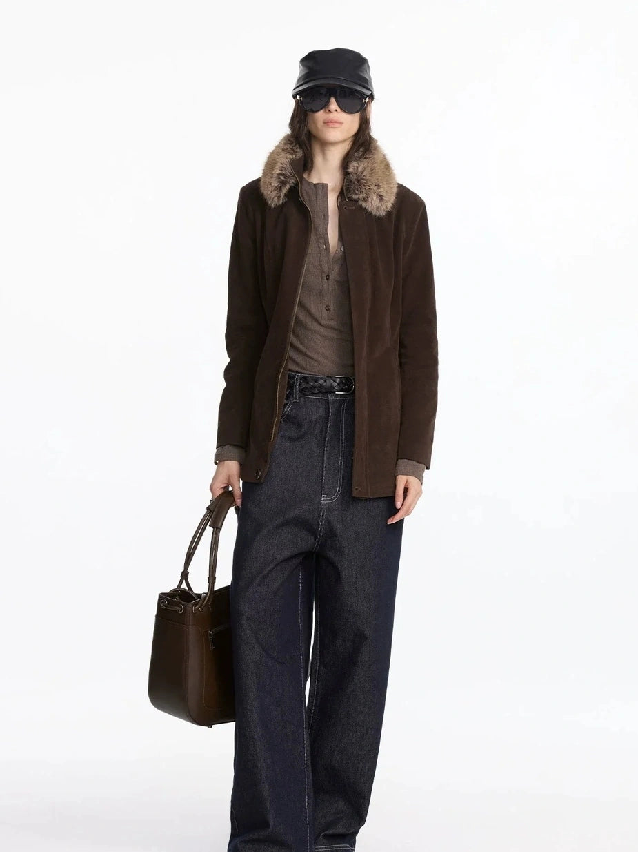 LYUOCHENG Autumn Suede Collar Slim Long Coat