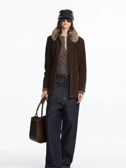 LYUOCHENG Autumn Suede Collar Slim Long Coat