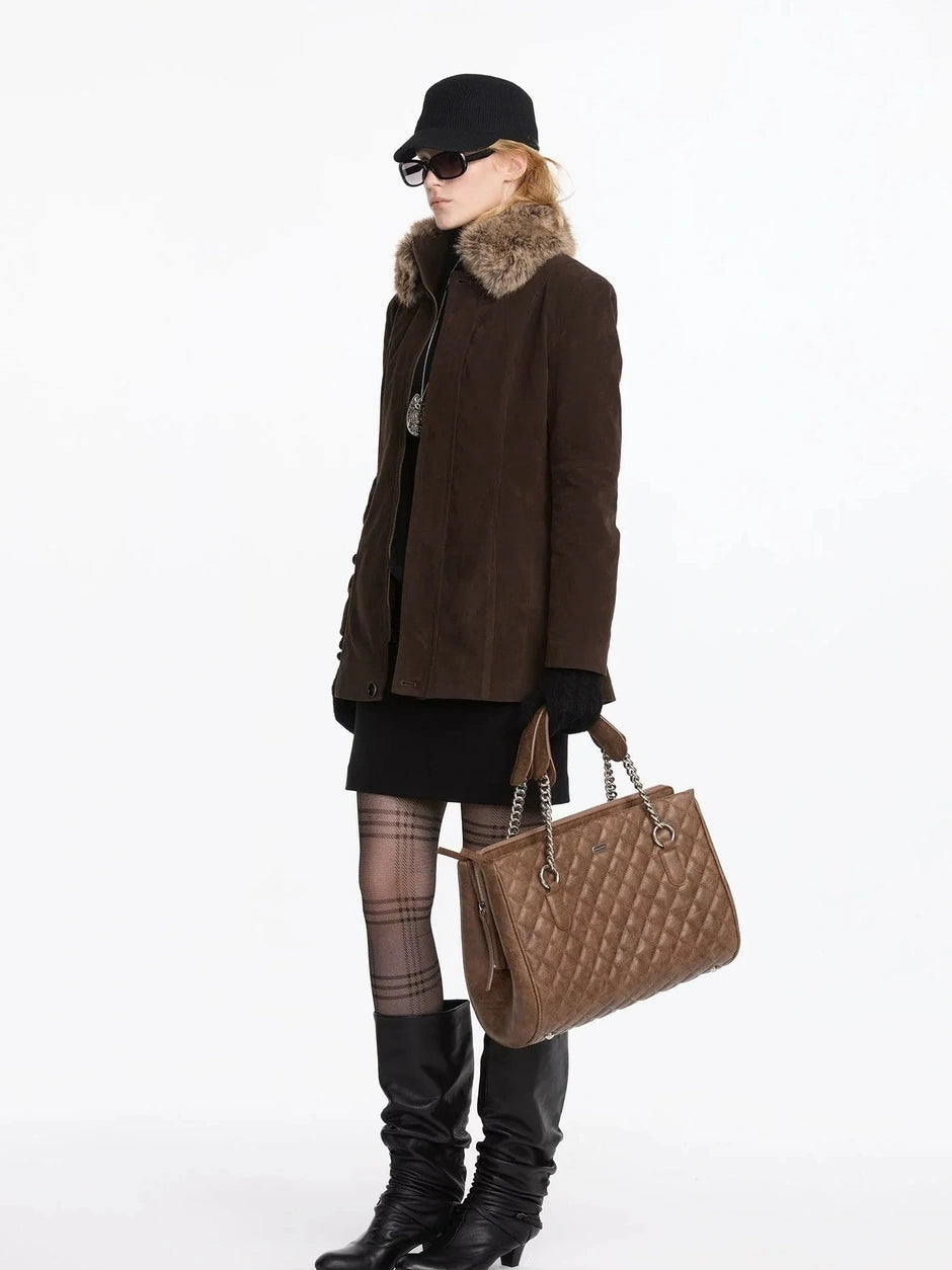 LYUOCHENG Autumn Suede Collar Slim Long Coat