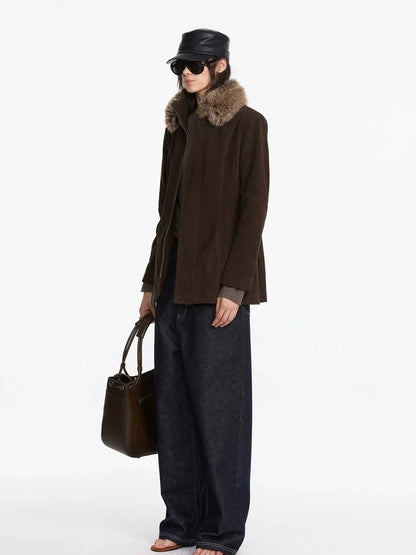 LYUOCHENG Autumn Suede Collar Slim Long Coat