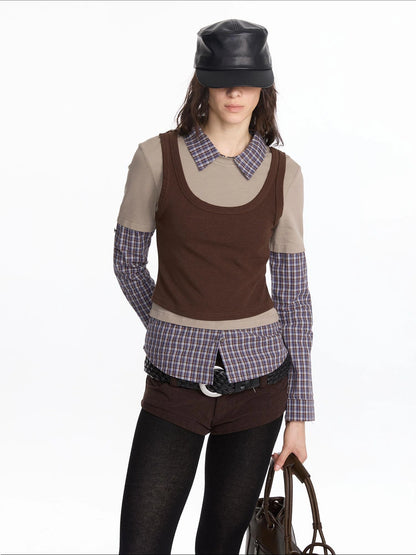 LYUOCHENG Autumn Winter Fake Three Piece Plaid Polo Long Sleeve Top