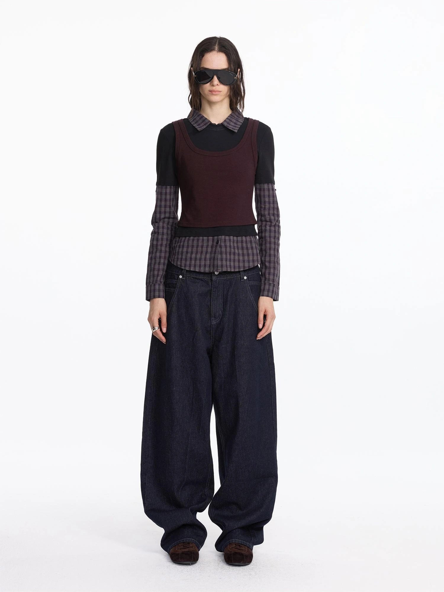 LYUOCHENG Autumn Winter Fake Three Piece Plaid Polo Long Sleeve Top