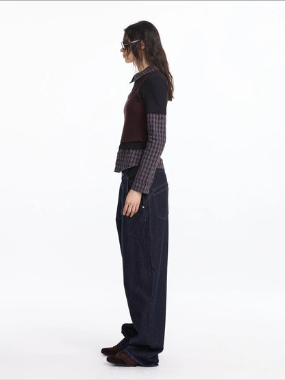 LYUOCHENG Autumn Winter Fake Three Piece Plaid Polo Long Sleeve Top