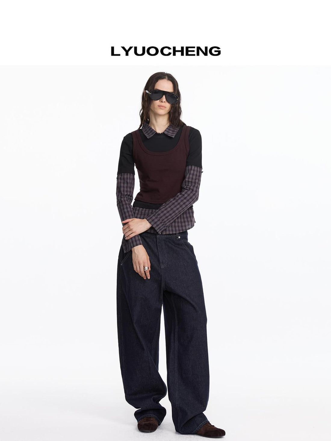 LYUOCHENG Autumn Winter Fake Three Piece Plaid Polo Long Sleeve Top