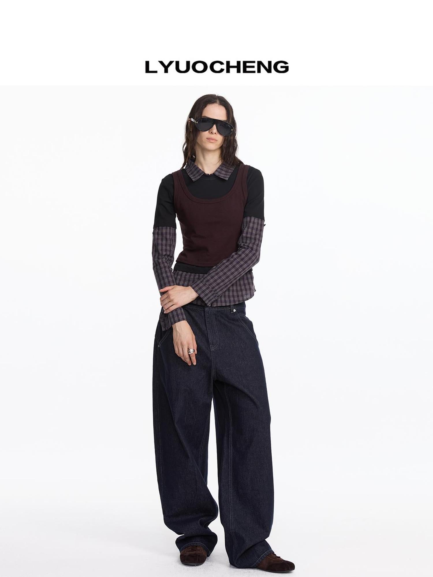 LYUOCHENG Autumn Winter Fake Three Piece Plaid Polo Long Sleeve Top
