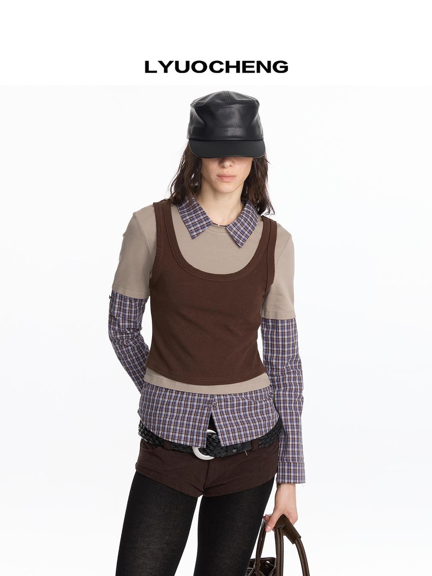 LYUOCHENG Autumn Winter Fake Three Piece Plaid Polo Long Sleeve Top