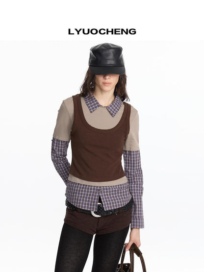 LYUOCHENG Autumn Winter Fake Three Piece Plaid Polo Long Sleeve Top