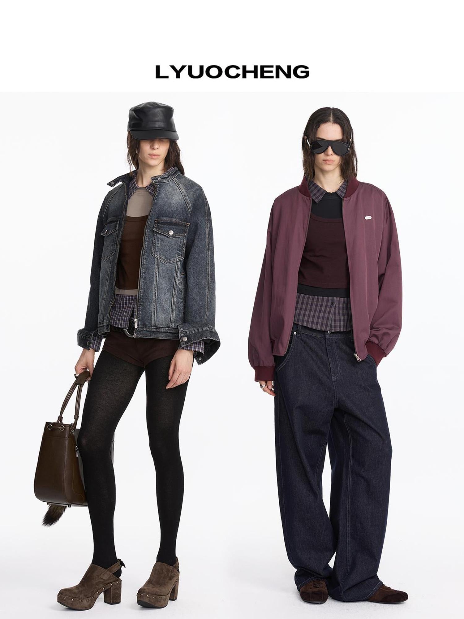 LYUOCHENG Autumn Winter Fake Three Piece Plaid Polo Long Sleeve Top