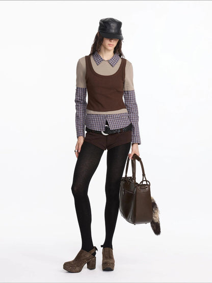 LYUOCHENG Autumn Winter Fake Three Piece Plaid Polo Long Sleeve Top