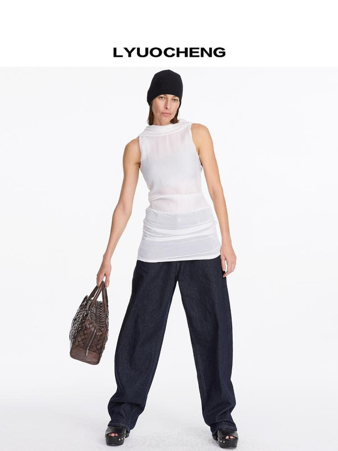 LYUOCHENG Back Draped White Tencel Shift Dress