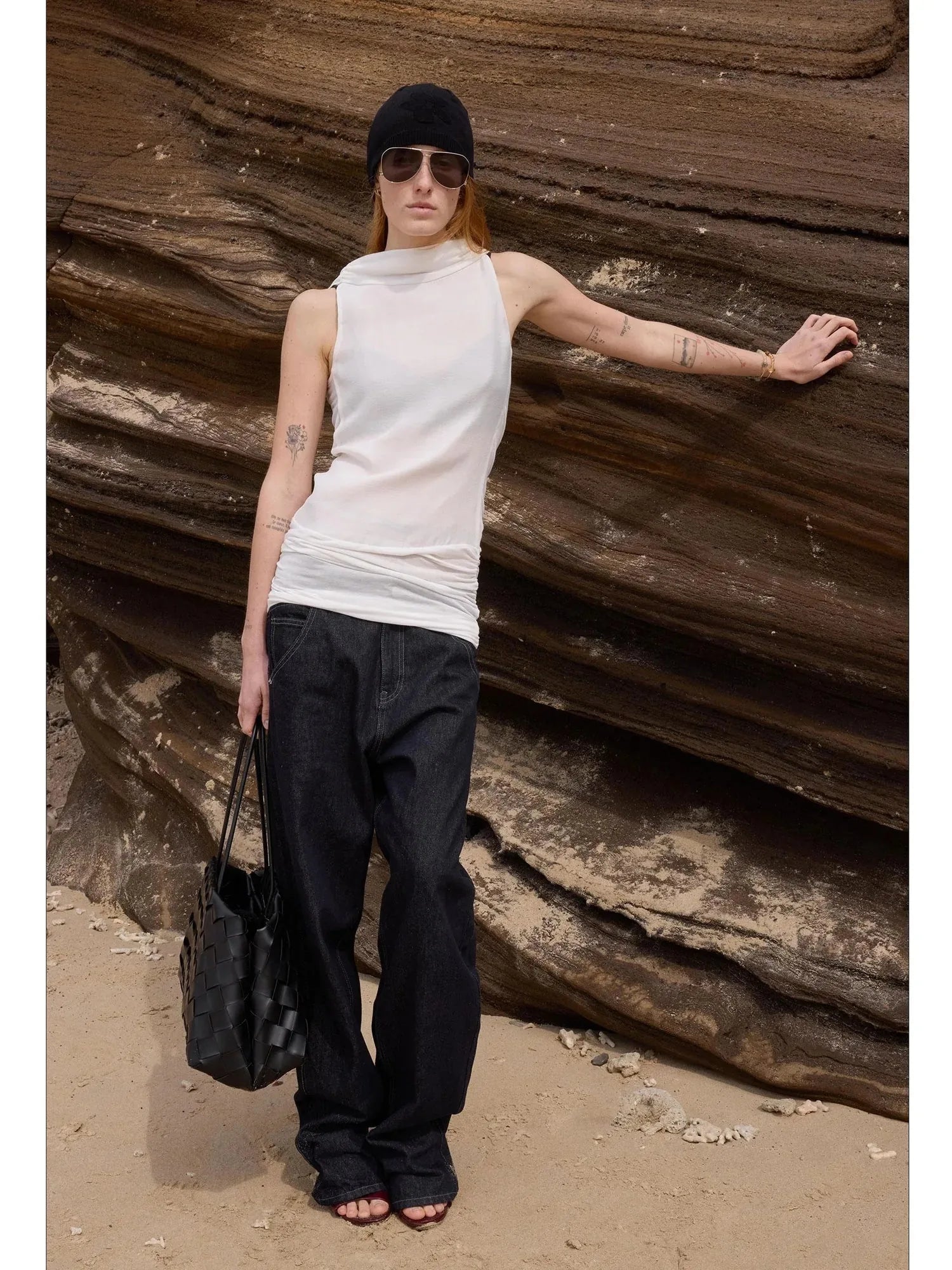 Back Draped White Tencel Shift Dress
