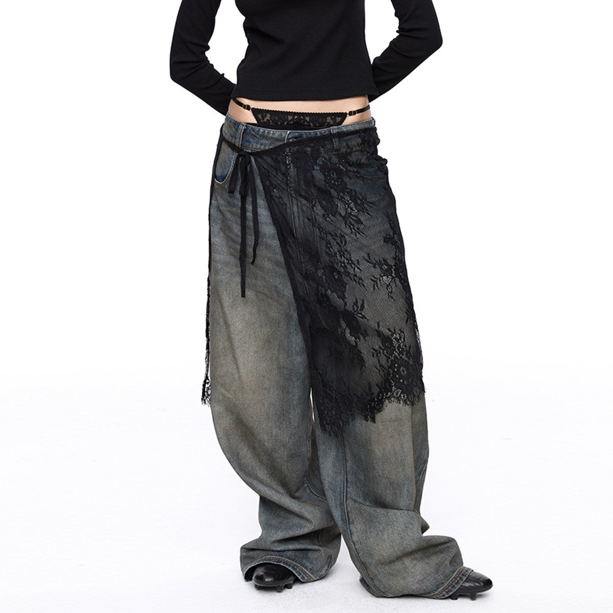 LYUOCHENG_Black_And_White_One_Piece_Lace_Tie_Mid_Skirt_Natural_Waist_Women&