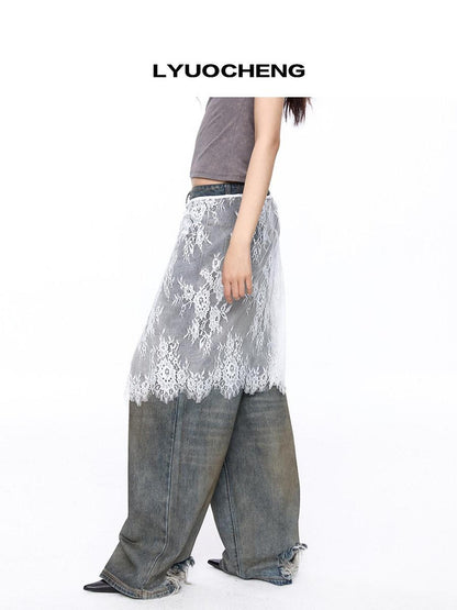 LYUOCHENG Black And White One Piece Lace Tie Mid Skirt Natural Waist Women&