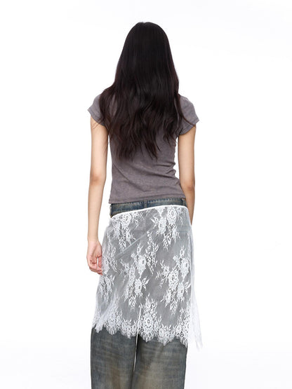 LYUOCHENG Black And White One Piece Lace Tie Mid Skirt Natural Waist Women&