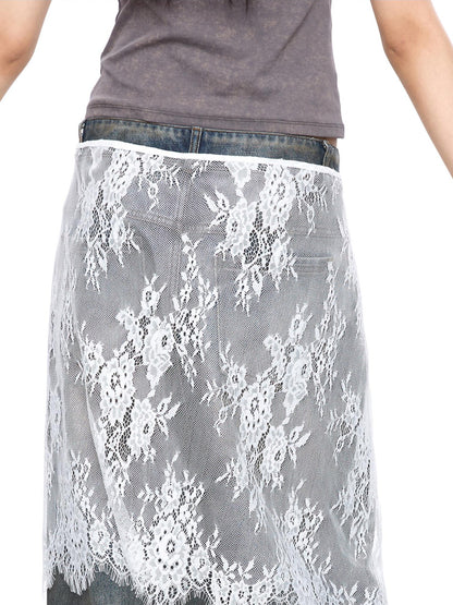 LYUOCHENG Black And White One Piece Lace Tie Mid Skirt Natural Waist Women&