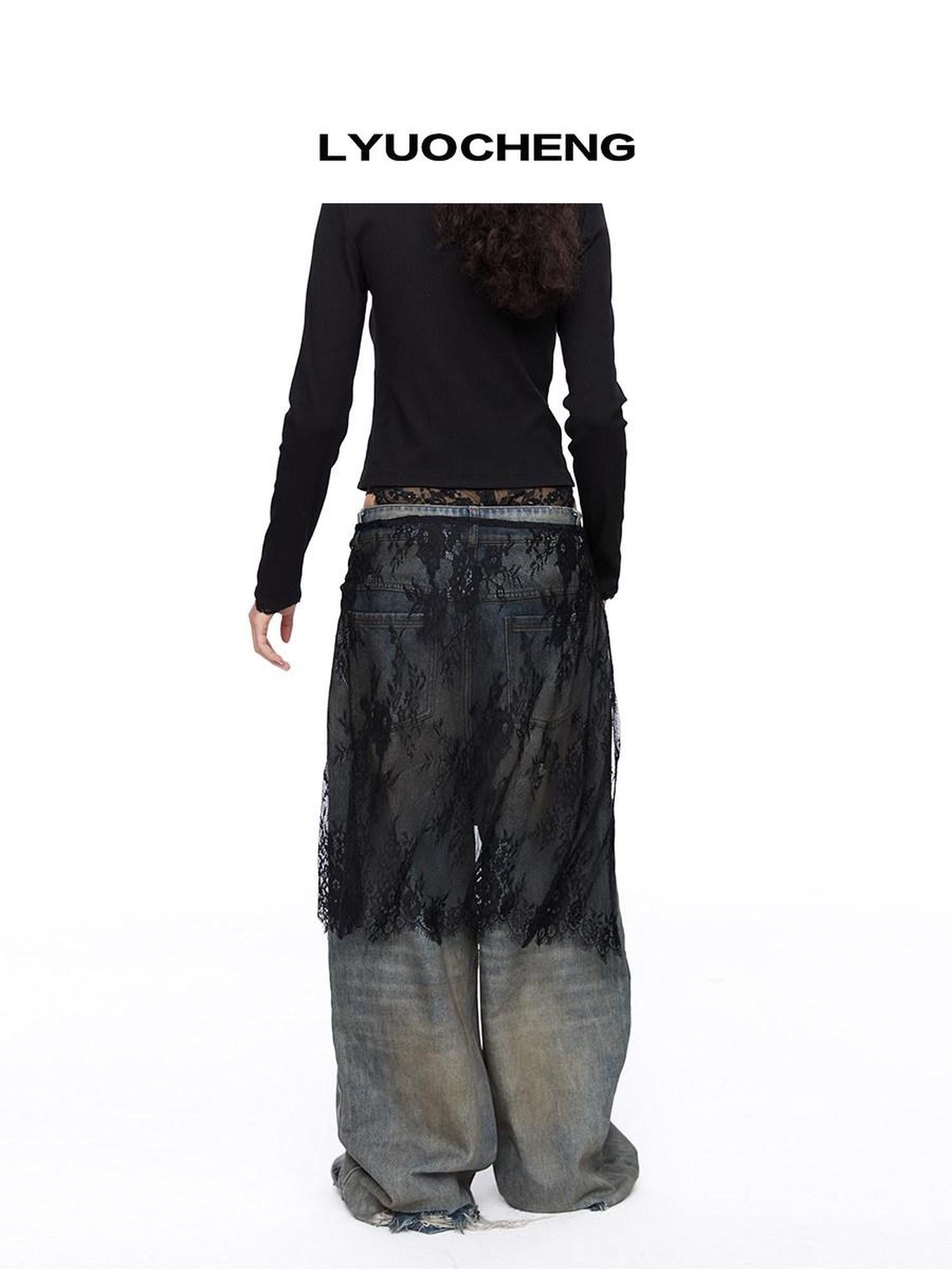 LYUOCHENG Black And White One Piece Lace Tie Mid Skirt Natural Waist Women&