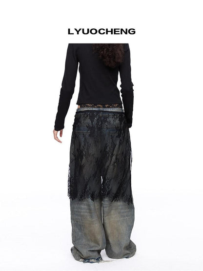 LYUOCHENG Black And White One Piece Lace Tie Mid Skirt Natural Waist Women&