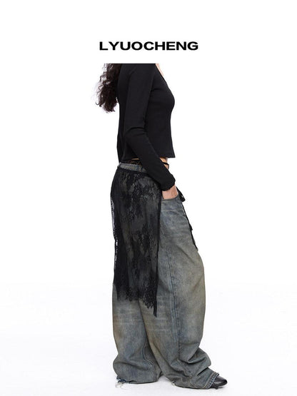LYUOCHENG Black And White One Piece Lace Tie Mid Skirt Natural Waist Women&