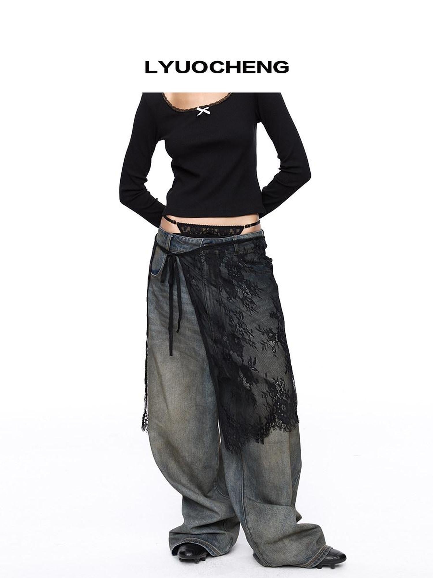 LYUOCHENG Black And White One Piece Lace Tie Mid Skirt Natural Waist Women&