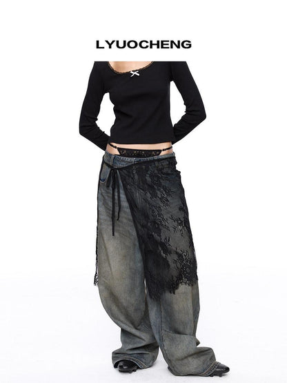 LYUOCHENG Black And White One Piece Lace Tie Mid Skirt Natural Waist Women&