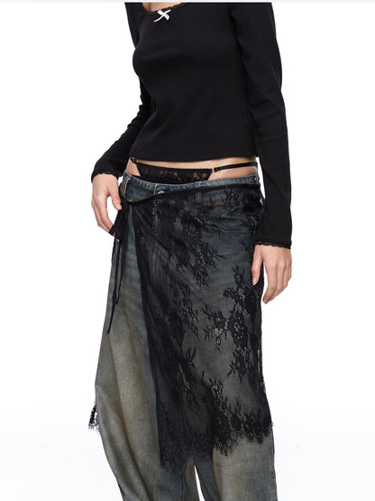 LYUOCHENG Black And White One Piece Lace Tie Mid Skirt Natural Waist Women&