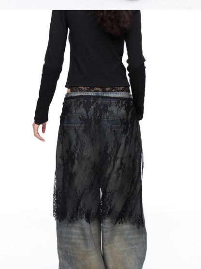 LYUOCHENG Black And White One Piece Lace Tie Mid Skirt Natural Waist Women&