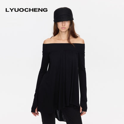 LYUOCHENG_Black_Asymmetric_Ruched_Loose_Women&