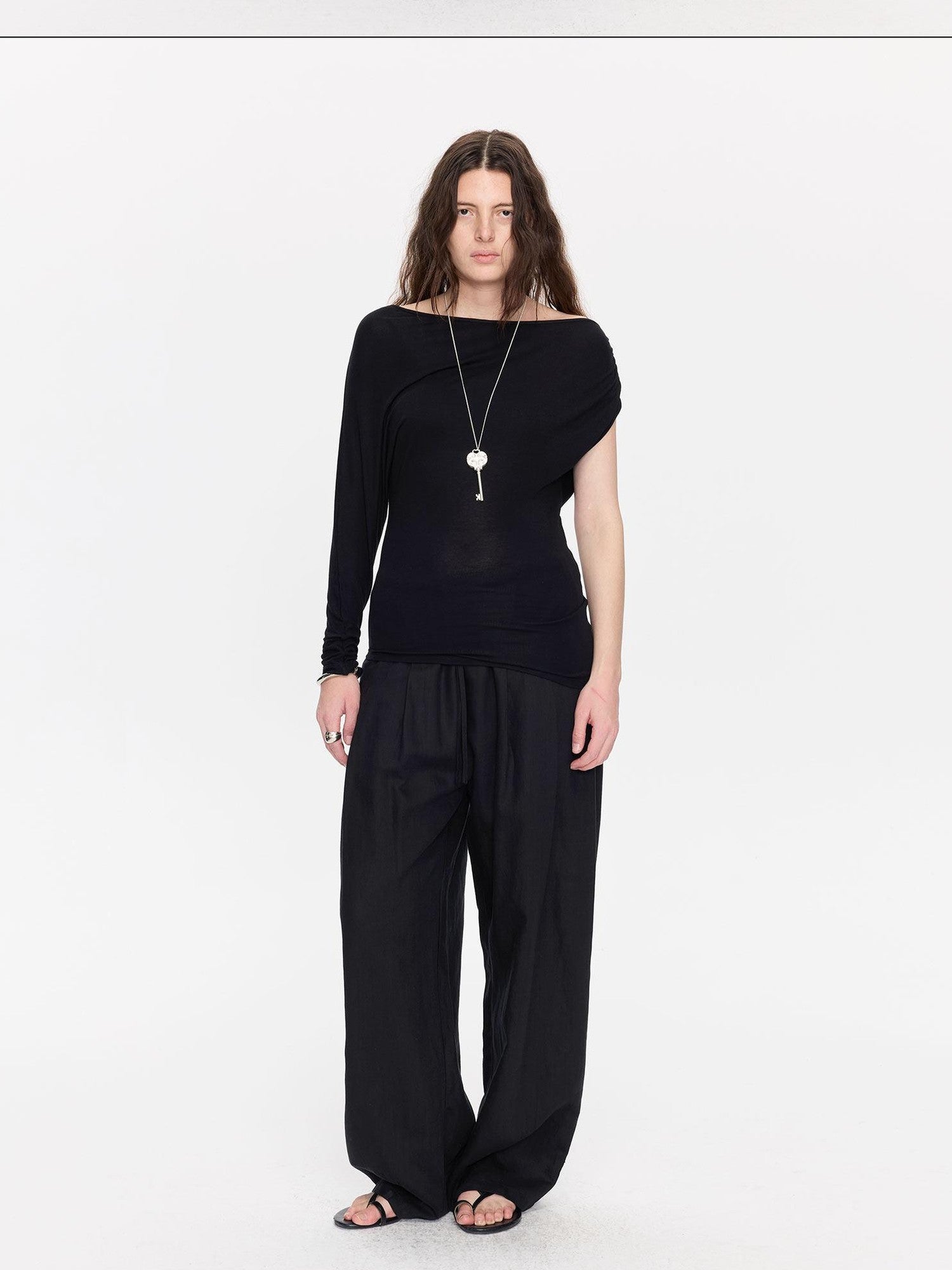 LYUOCHENG Black Asymmetric Shirred Casual Women&