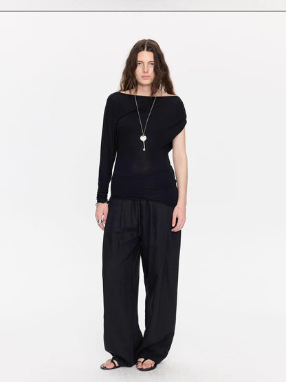 LYUOCHENG Black Asymmetric Shirred Casual Women&