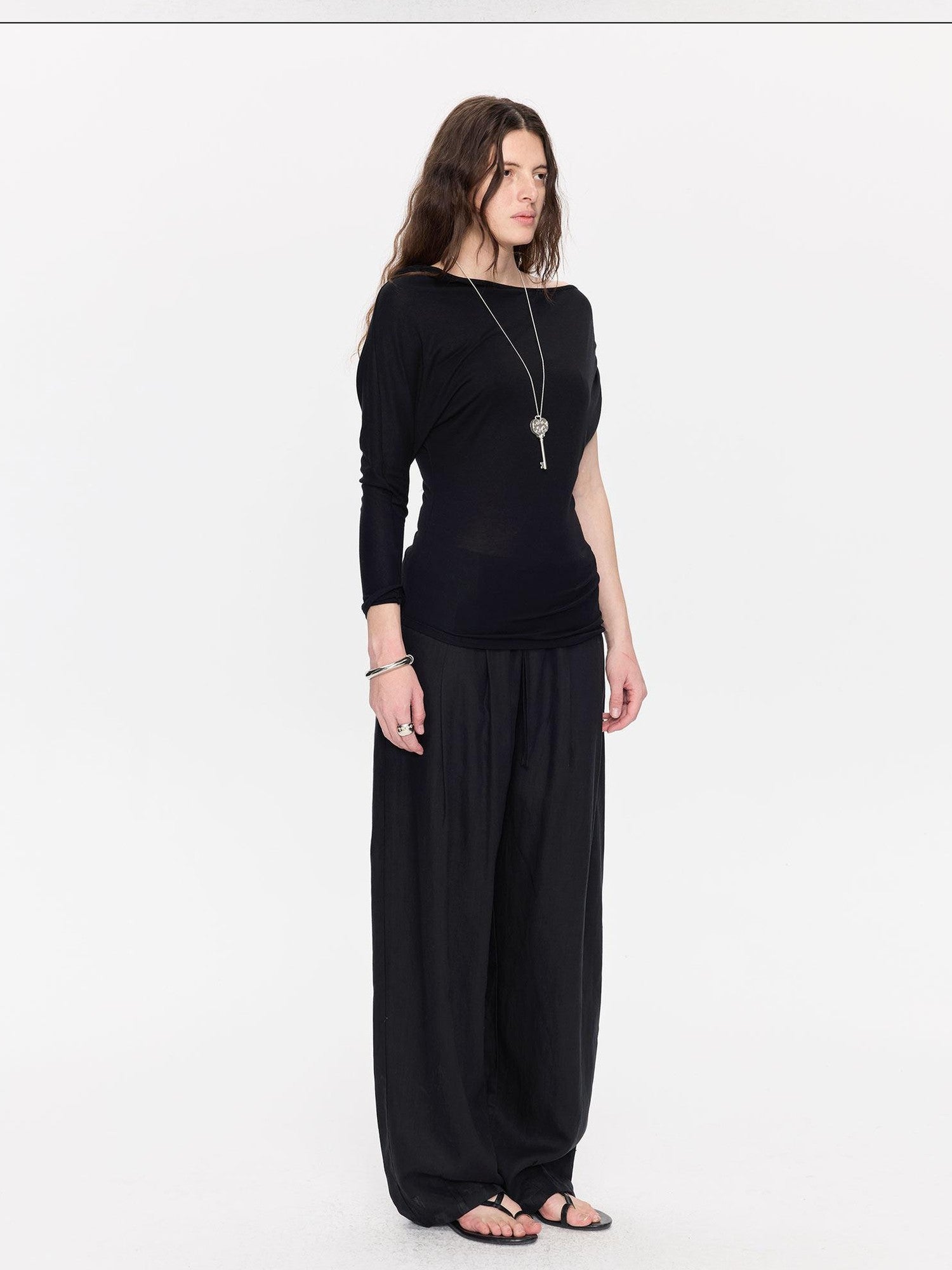 LYUOCHENG Black Asymmetric Shirred Casual Women&