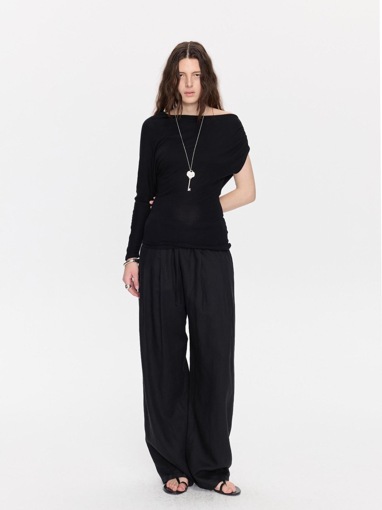 LYUOCHENG Black Asymmetric Shirred Casual Women&