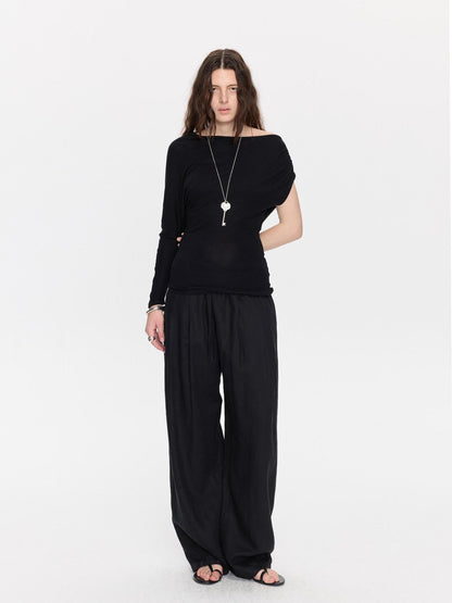 LYUOCHENG Black Asymmetric Shirred Casual Women&