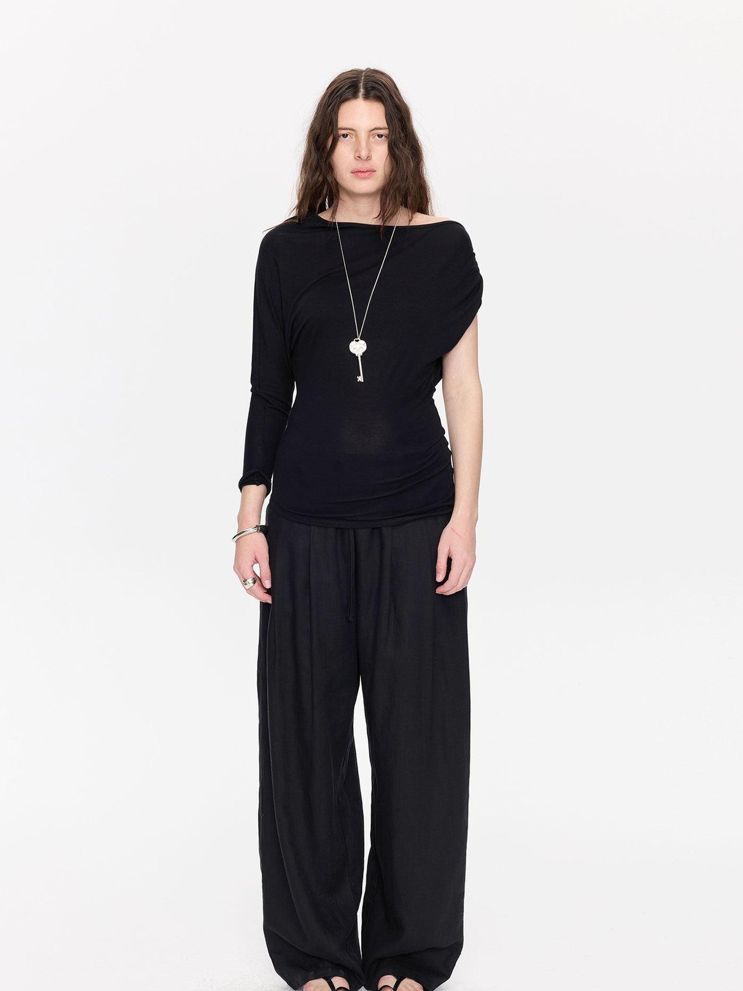 LYUOCHENG Black Asymmetric Shirred Casual Women&