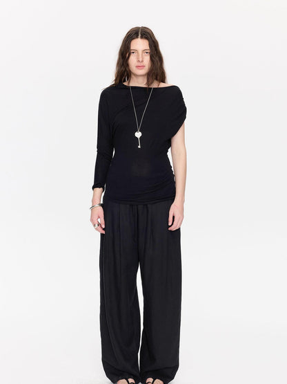 LYUOCHENG Black Asymmetric Shirred Casual Women&