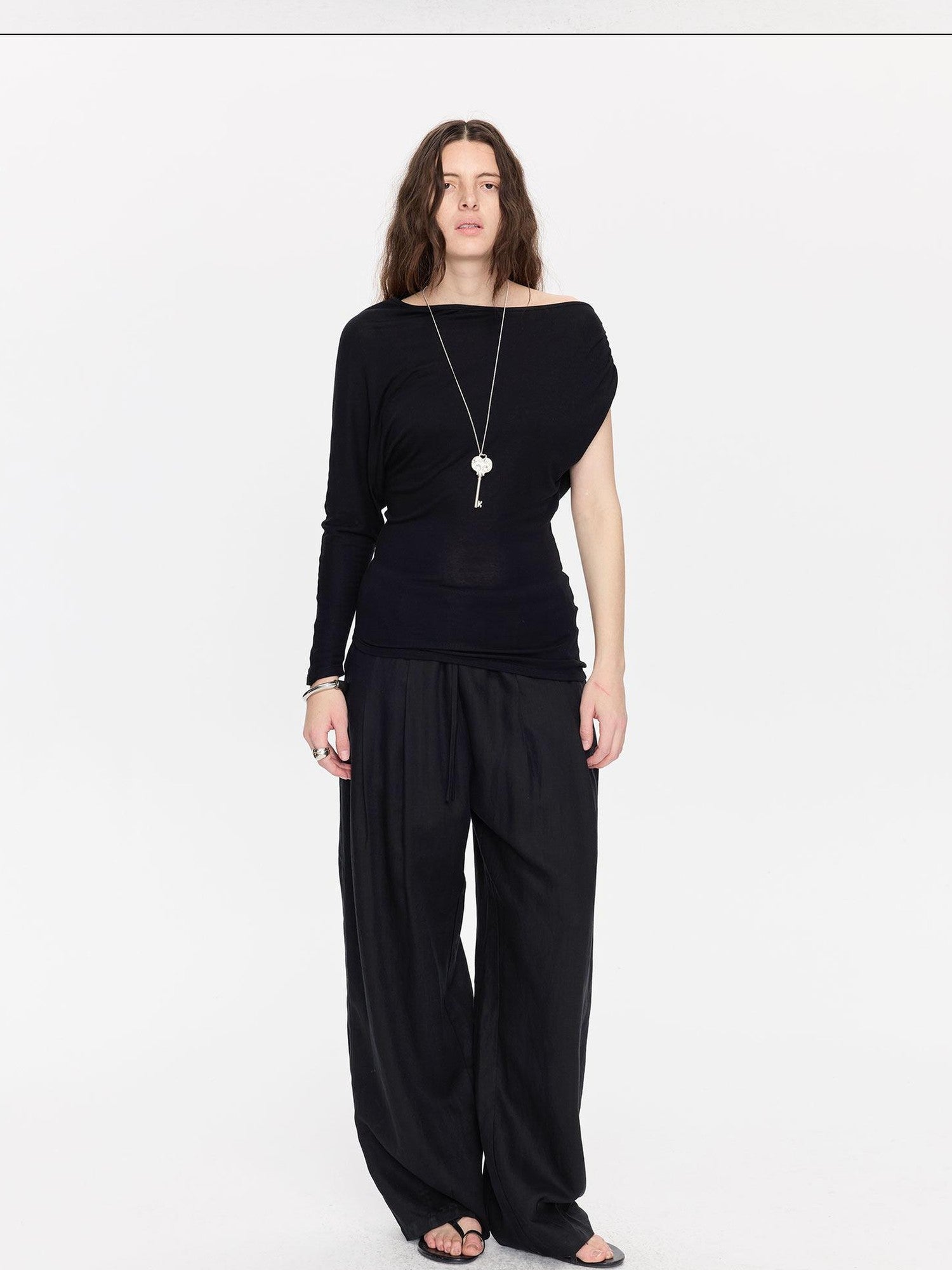 LYUOCHENG Black Asymmetric Shirred Casual Women&