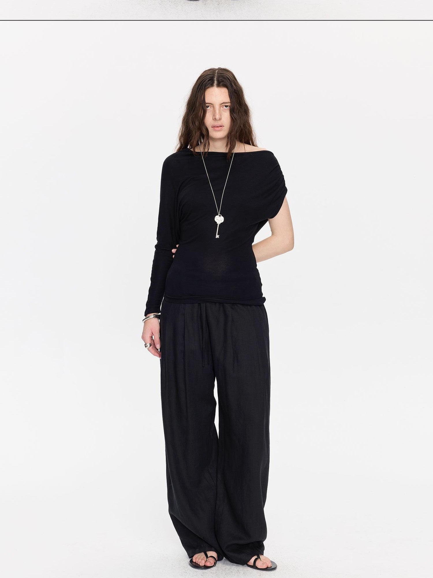 LYUOCHENG Black Asymmetric Shirred Casual Women&