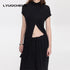 LYUOCHENG_Black_Asymmetric_Slit_Shirred_Cowl_Women&