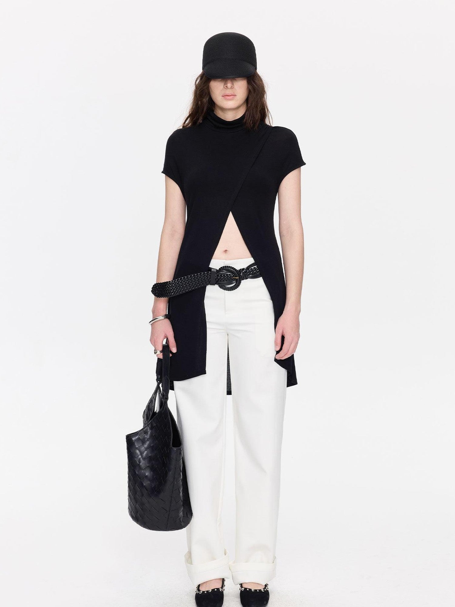 LYUOCHENG Black Asymmetric Slit Shirred Cowl Women&