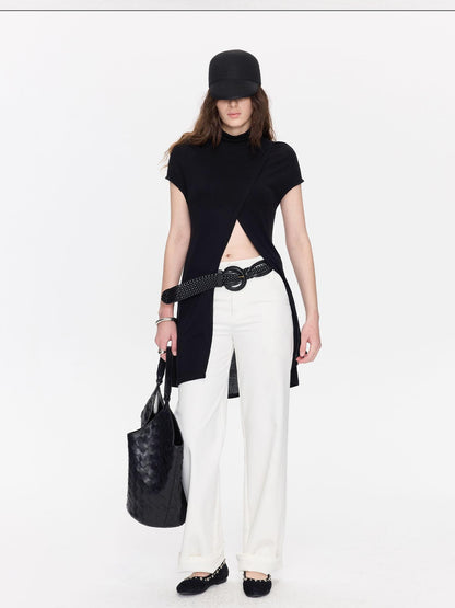 LYUOCHENG Black Asymmetric Slit Shirred Cowl Women&