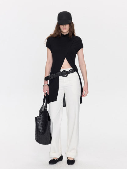 LYUOCHENG Black Asymmetric Slit Shirred Cowl Women&