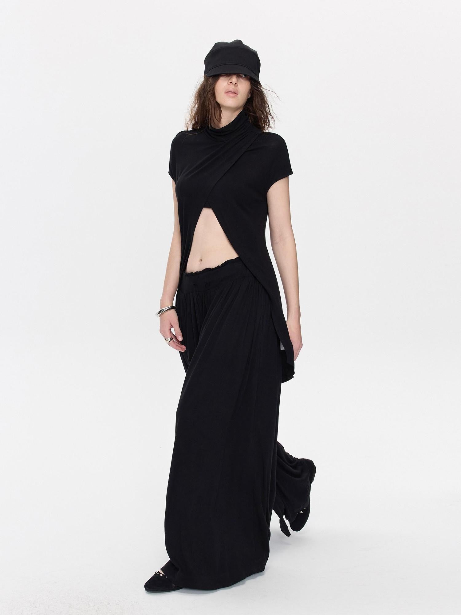 LYUOCHENG Black Asymmetric Slit Shirred Cowl Women&